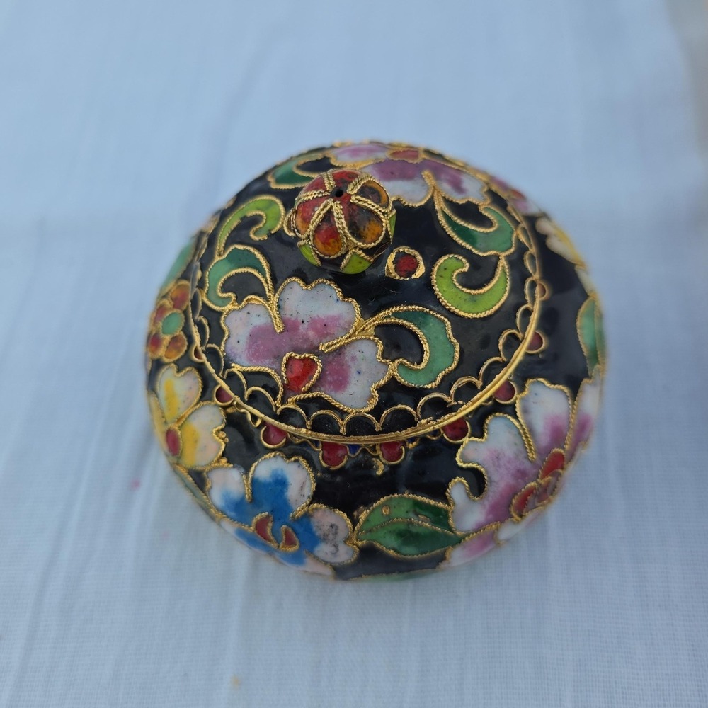 Cloisonne Floral Jar Candle Small Lidded Metal Enamel Multicolor Decor Accent - Picture 2 of 9